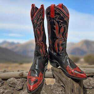Vintage‎ Dan Post Black Leather Red Inlaid Leather Cowgirl Boots